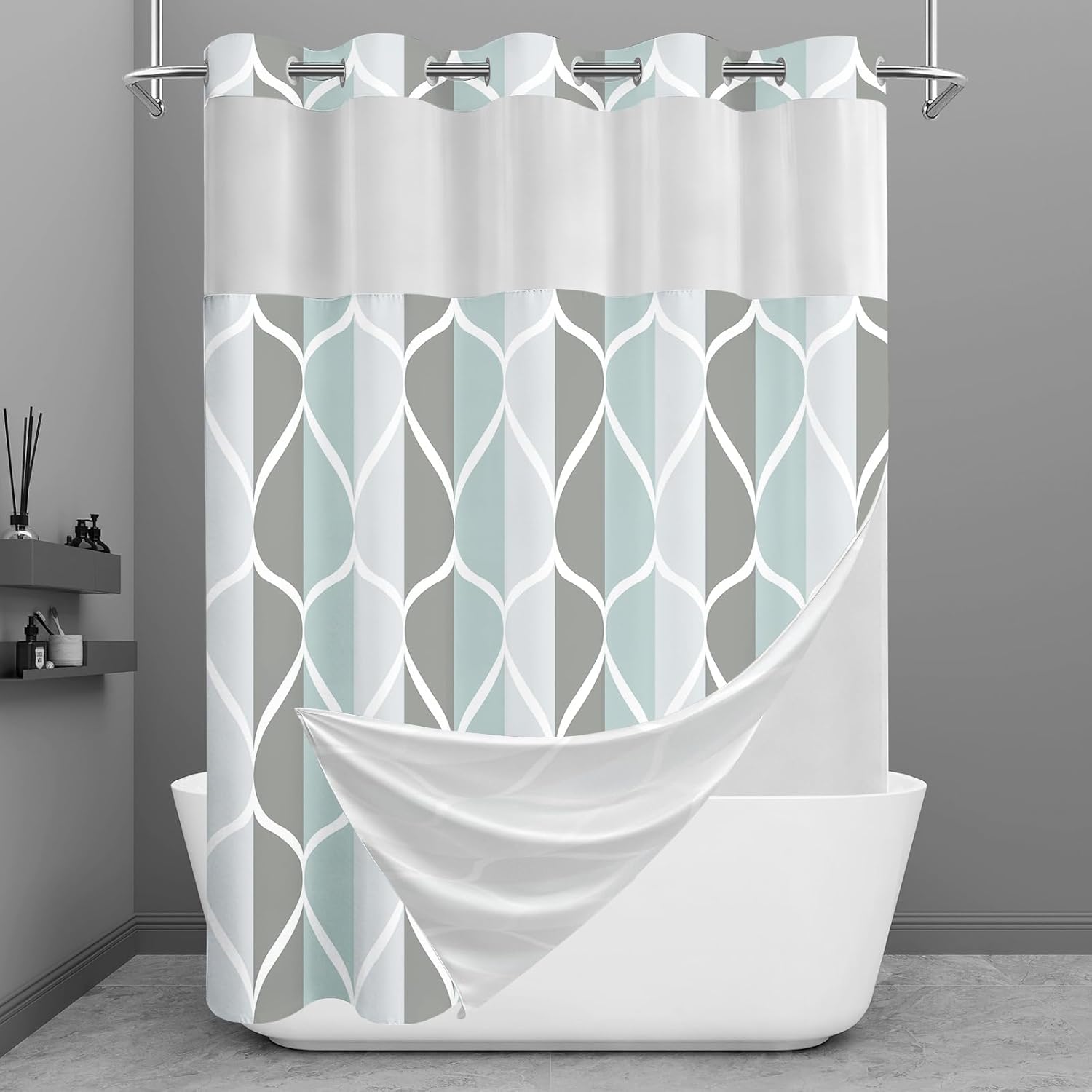 Bathveil Gray Geometric Shower Curtain, Water Repellent, with 12 Hooks, Machine Washable, 72 x 72 in