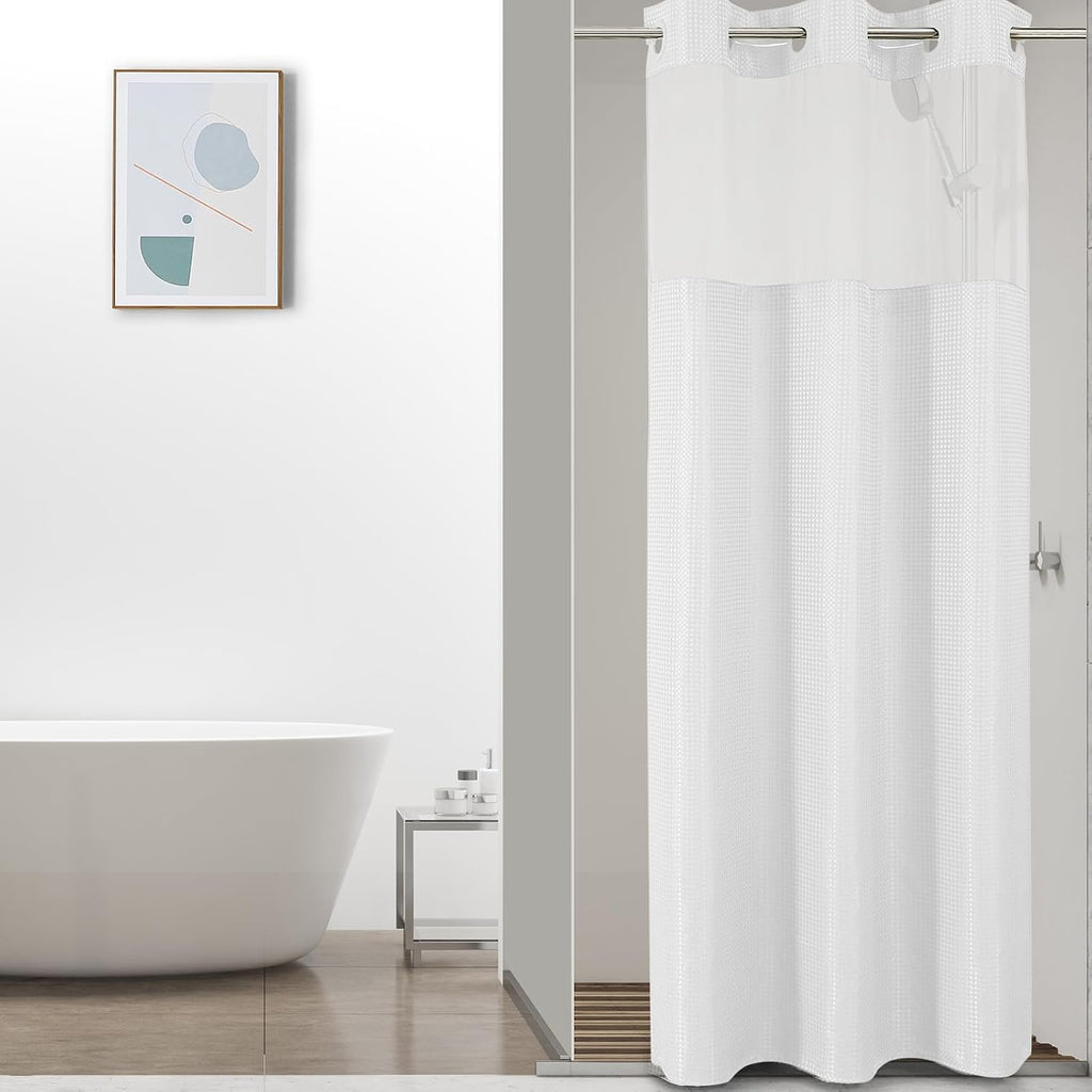 Bathveil No-Hook Shower Curtain Set, Waffle Weave, Mesh Top Window, Waterproof, 72 x 75 in, Sage Green