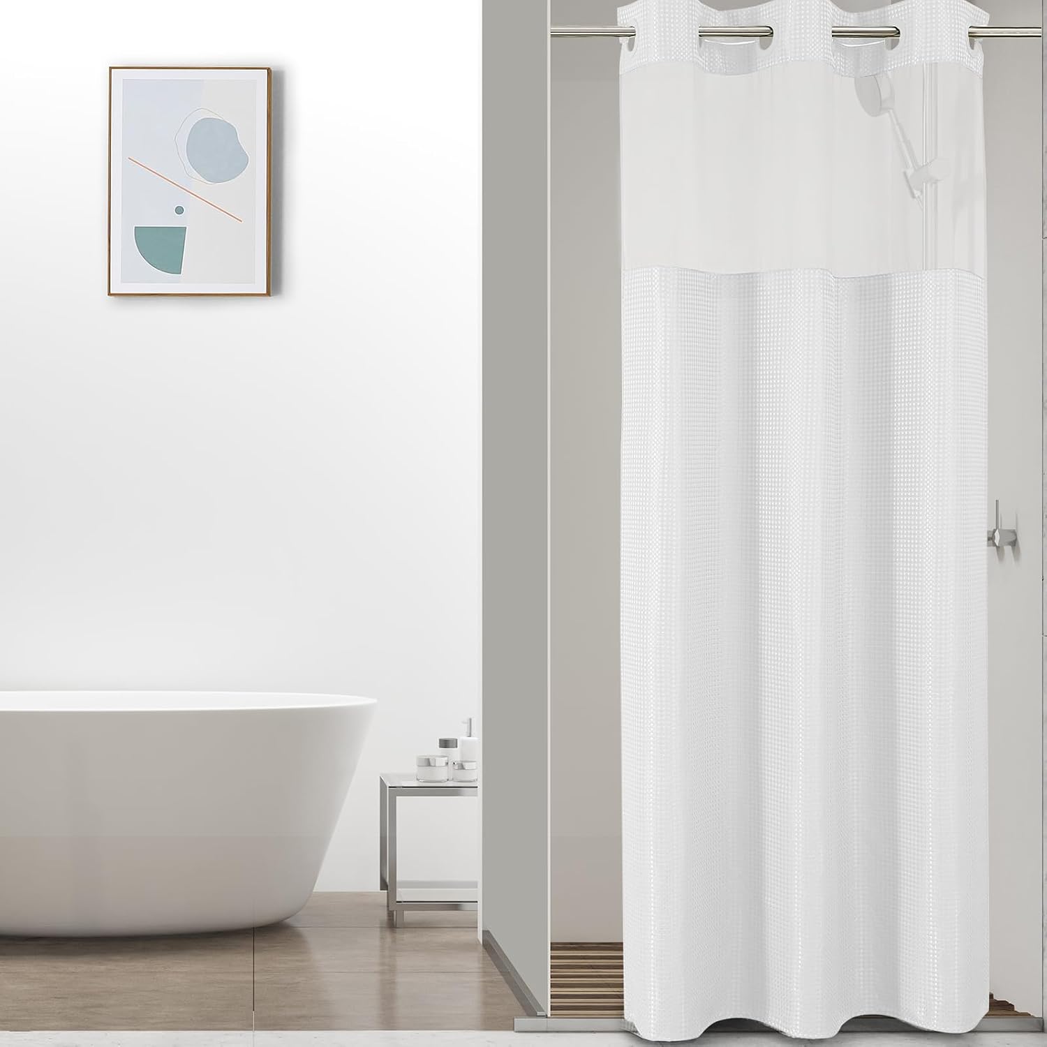 Bathveil No-Hook Shower Curtain Set, Waffle Weave, Mesh Top Window, Waterproof, 72 x 75 in, Sage Green