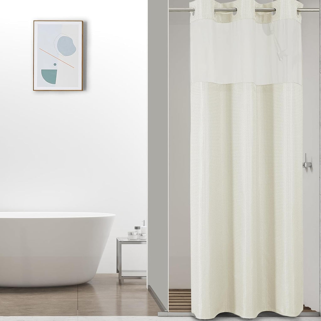 Bathveil No-Hook Shower Curtain Set, Waffle Weave, Mesh Top Window, Waterproof, 72 x 75 in, Sage Green