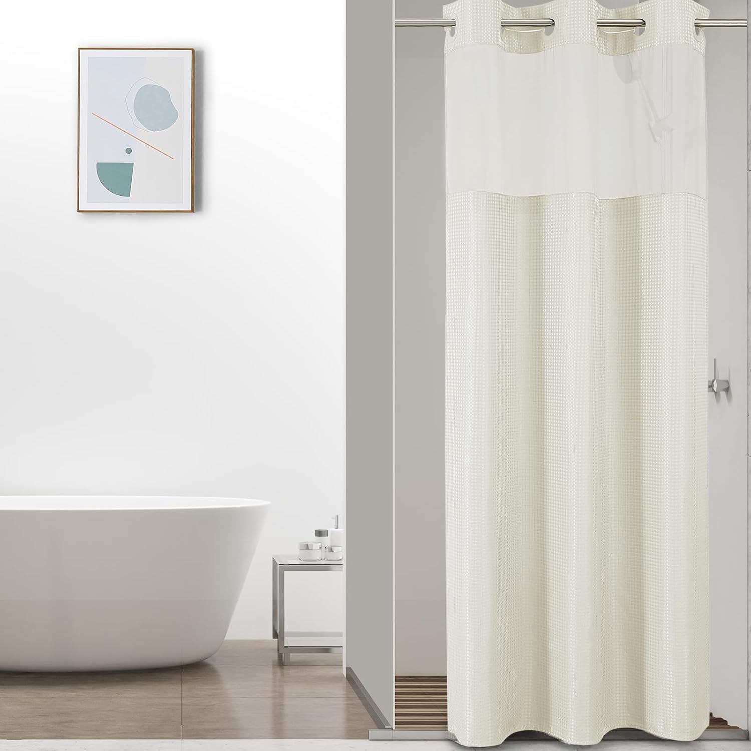 Bathveil No-Hook Shower Curtain Set, Waffle Weave, Mesh Top Window, Waterproof, 72 x 75 in, Sage Green
