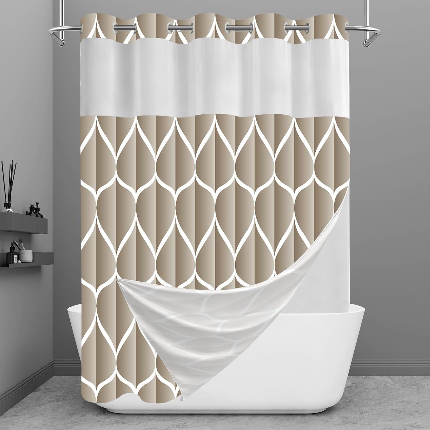 Bathveil Gray Geometric Shower Curtain, Water Repellent, with 12 Hooks, Machine Washable, 72 x 72 in