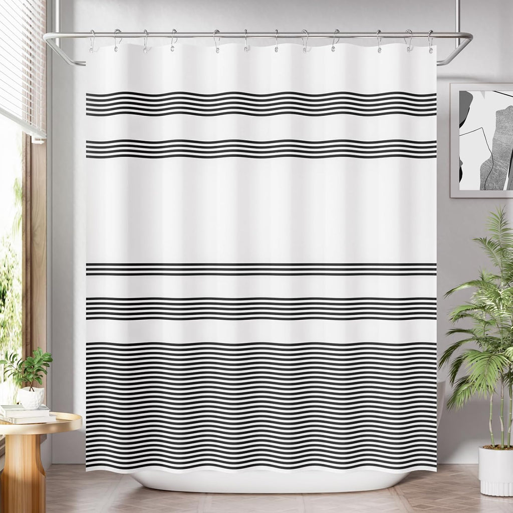 Bathveil Black White Striped Shower Curtain Farmhouse Washable with Hooks