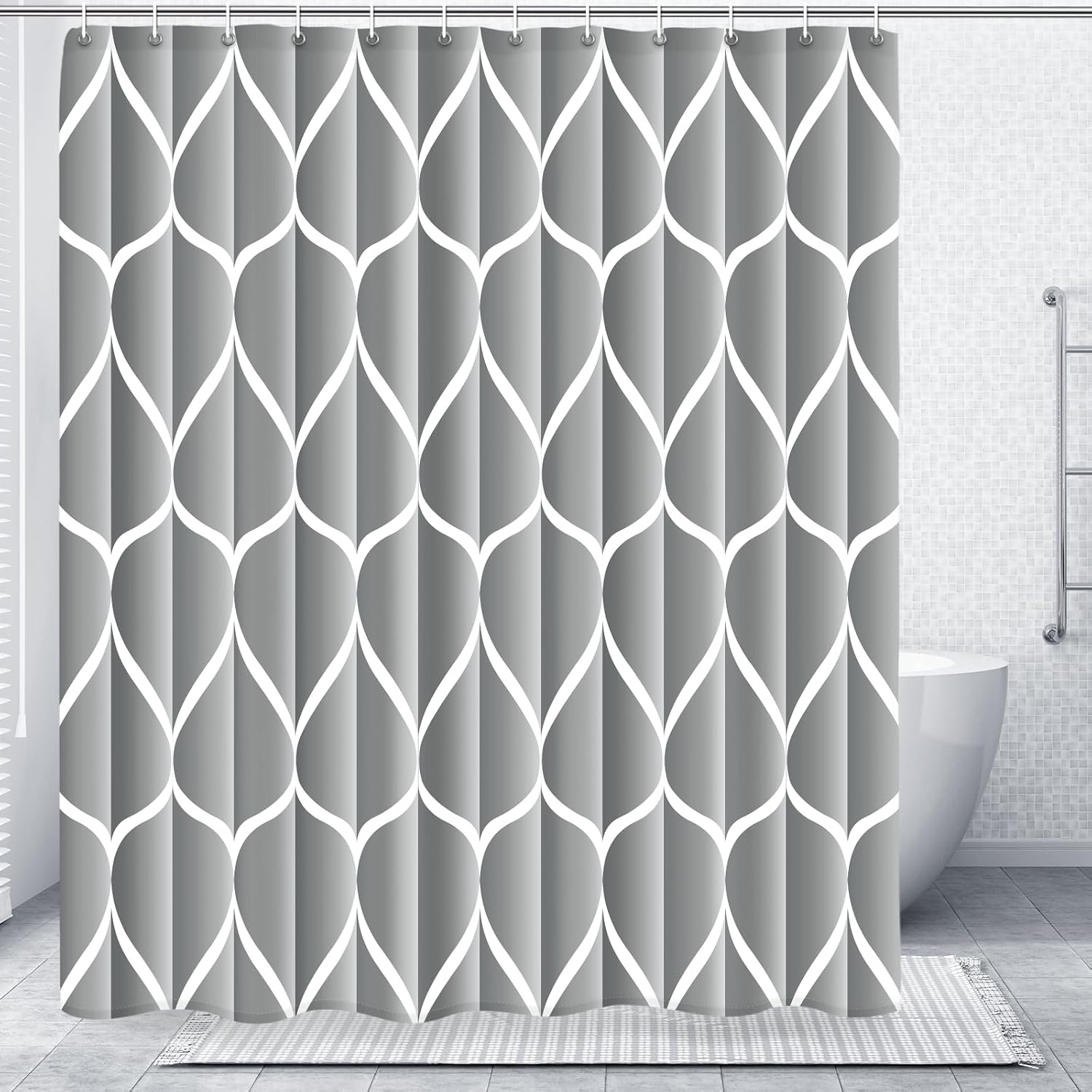Bathveil Gray Geometric Shower Curtain, Water Repellent, with 12 Hooks, Machine Washable, 72 x 72 in