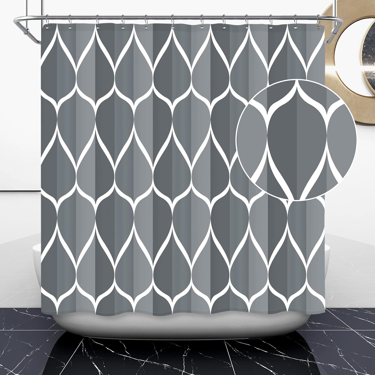 Bathveil Gray Geometric Shower Curtain, Water Repellent, with 12 Hooks, Machine Washable, 72 x 72 in