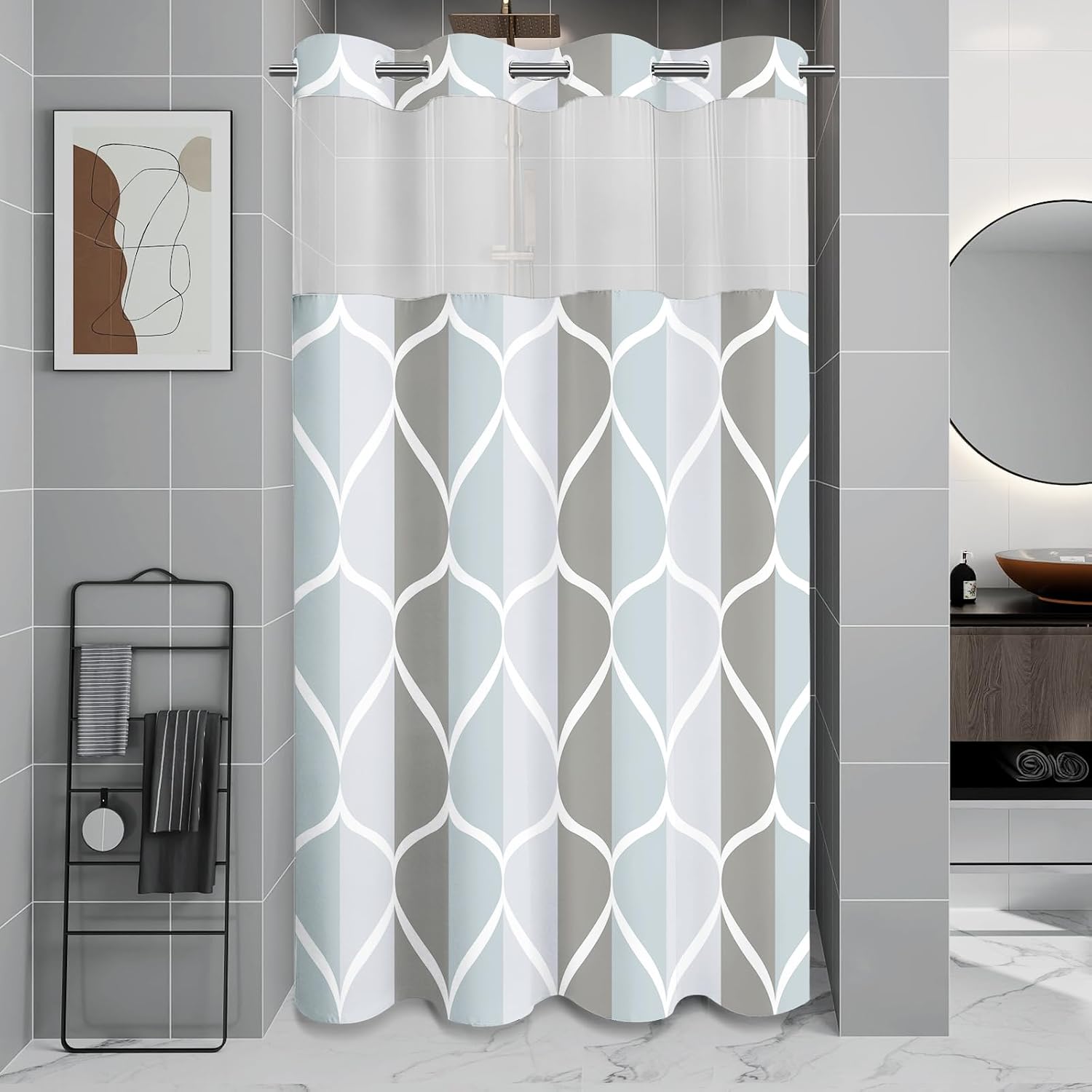 Bathveil Gray Geometric Shower Curtain, Water Repellent, with 12 Hooks, Machine Washable, 72 x 72 in