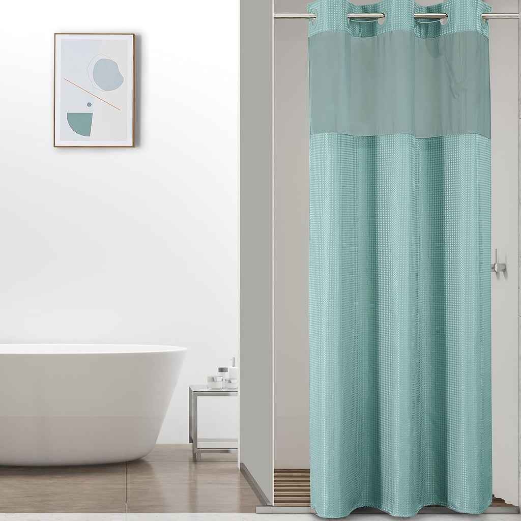 Bathveil No-Hook Shower Curtain Set, Waffle Weave, Mesh Top Window, Waterproof, 72 x 75 in, Sage Green