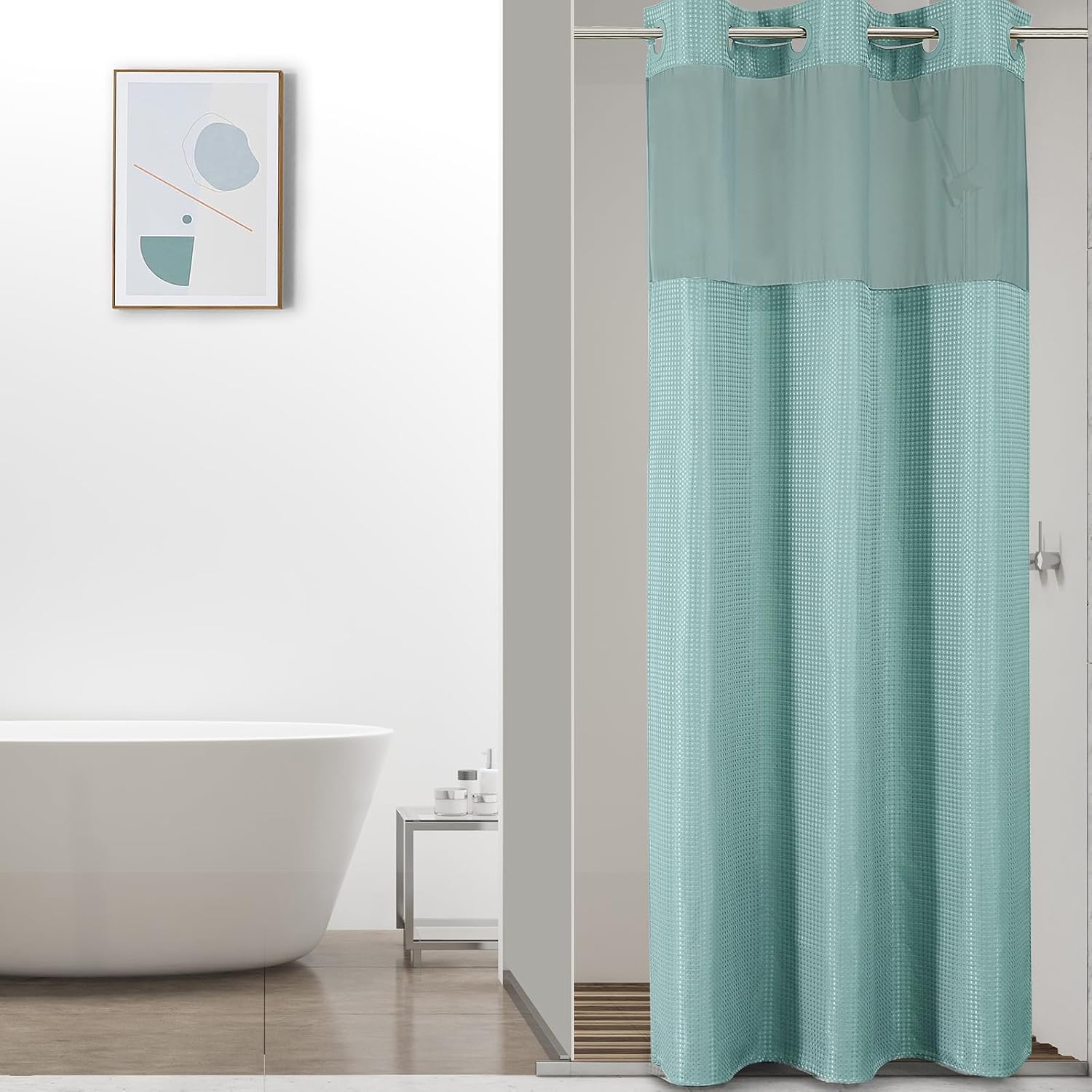 Bathveil No-Hook Shower Curtain Set, Waffle Weave, Mesh Top Window, Waterproof, 72 x 75 in, Sage Green