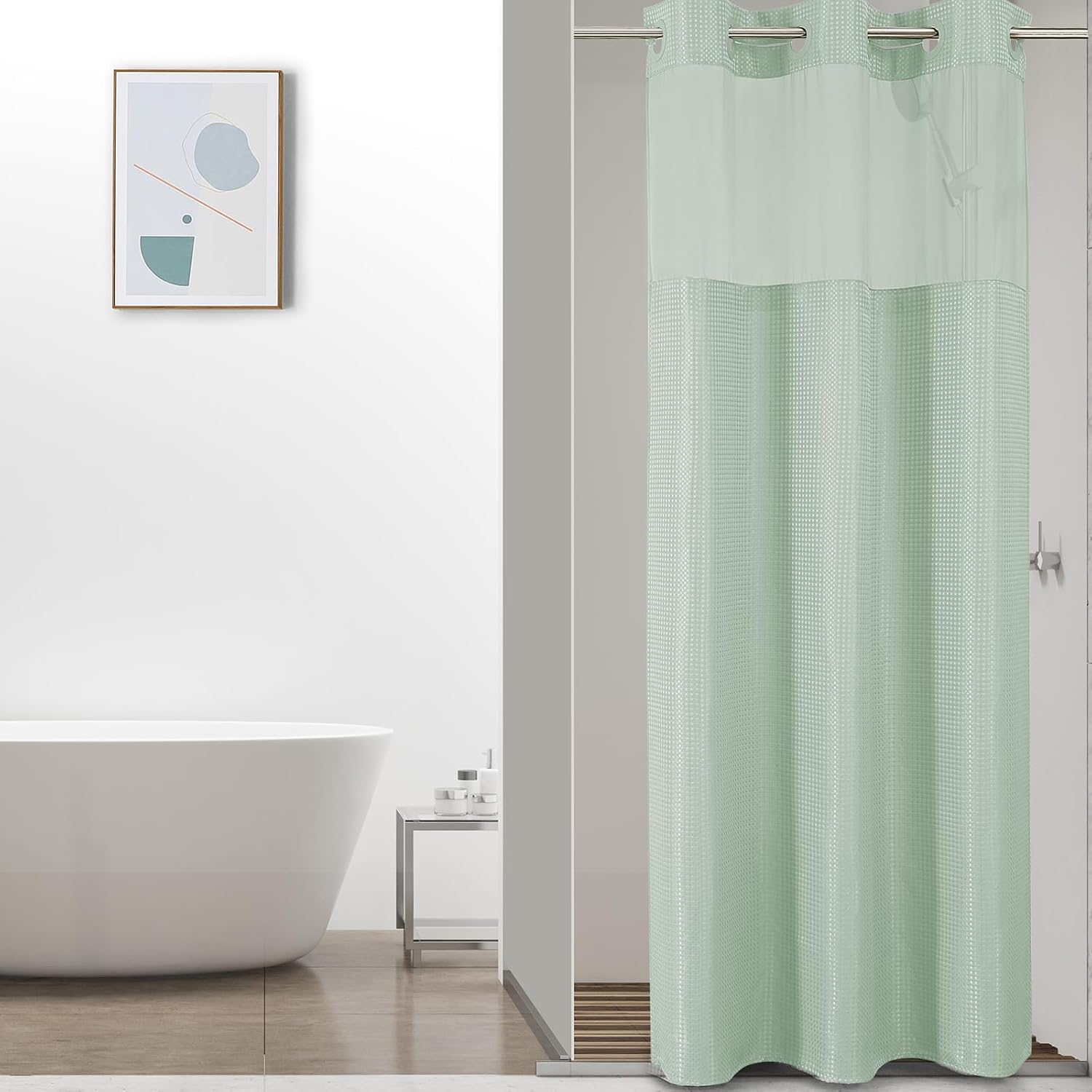 Bathveil No-Hook Shower Curtain Set, Waffle Weave, Mesh Top Window, Waterproof, 72 x 75 in, Sage Green