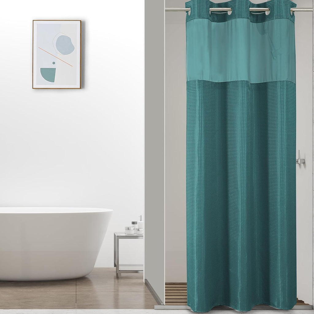 Bathveil No-Hook Shower Curtain Set, Waffle Weave, Mesh Top Window, Waterproof, 72 x 75 in, Sage Green