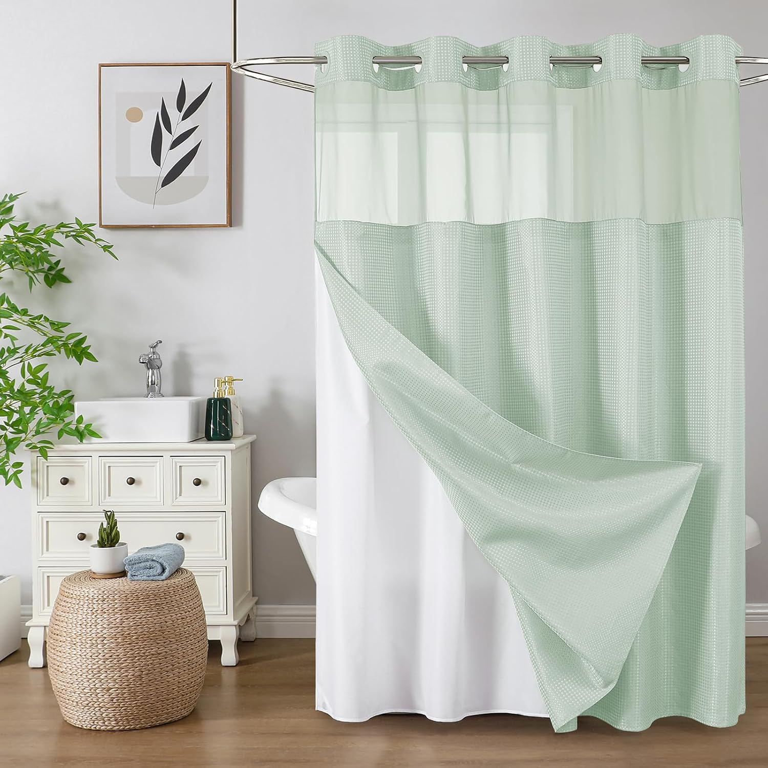 Bathveil No-Hook Shower Curtain Set, Waffle Weave, Mesh Top Window, Waterproof, 72 x 75 in, Sage Green