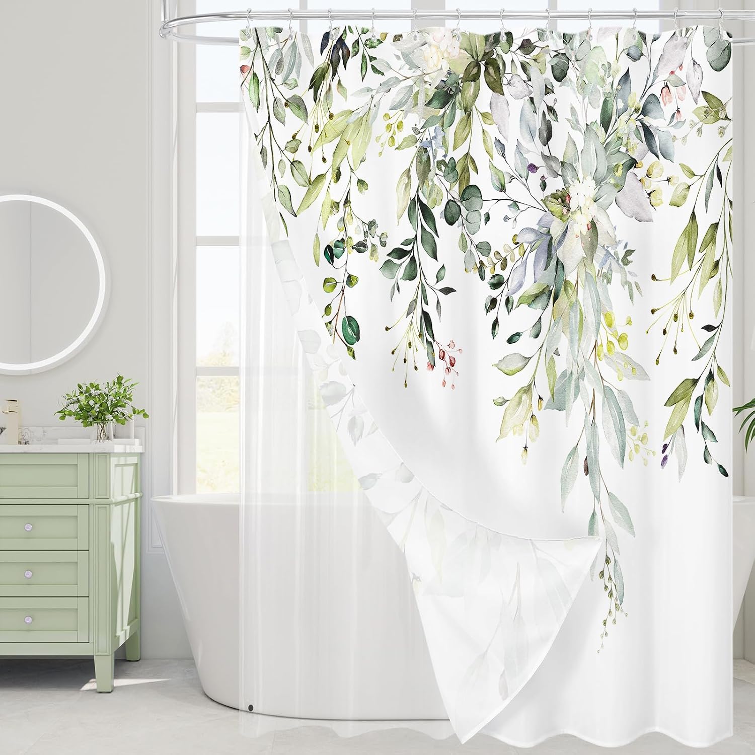 Bathveil Gray Eucalyptus Shower Curtain, Watercolor Plant Floral Design, Gray White, 72 x 72 in