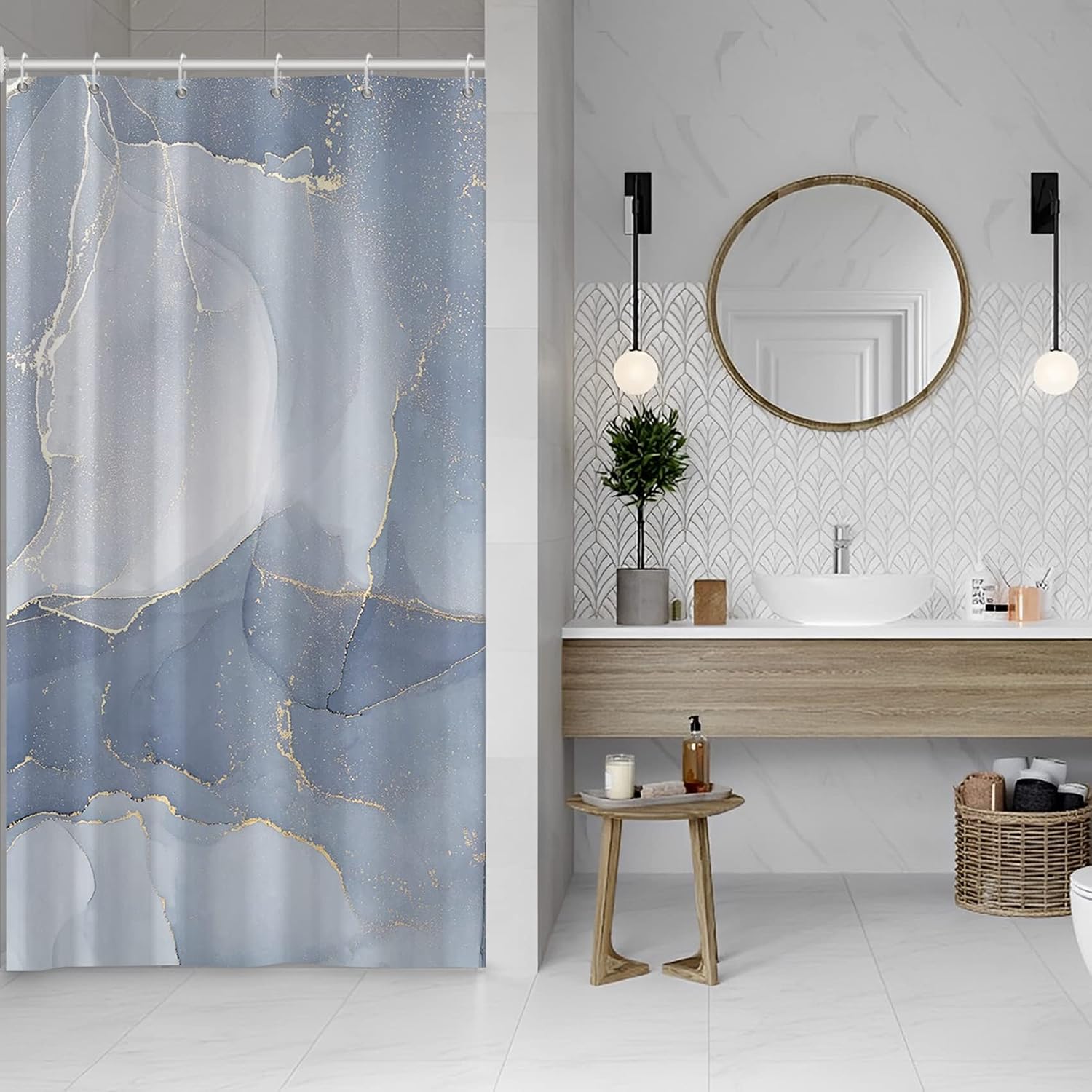 Bathveil Blue Marble Shower Curtain, Waterproof Washable, with Hooks, 72 x 72 in