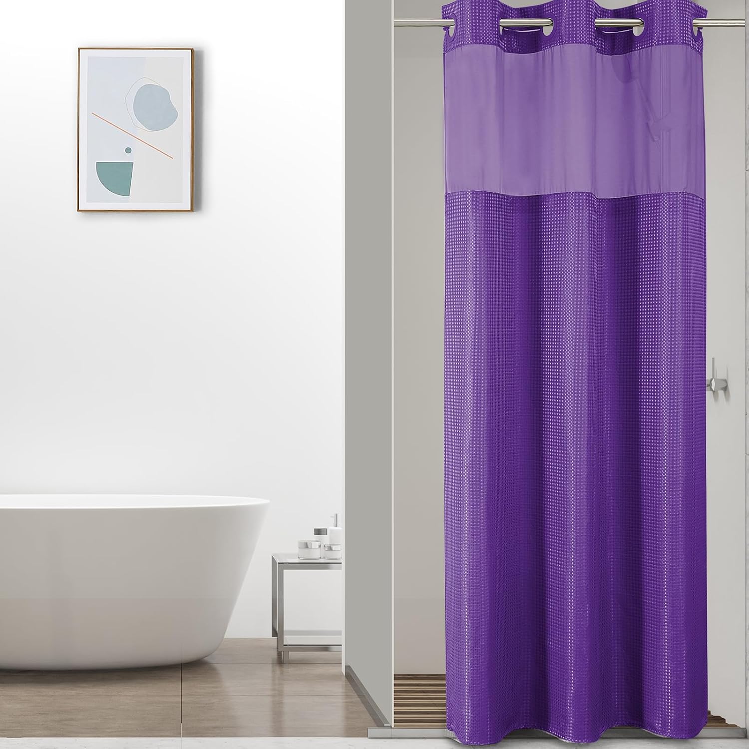 Bathveil No-Hook Shower Curtain Set, Waffle Weave, Mesh Top Window, Waterproof, 72 x 75 in, Sage Green