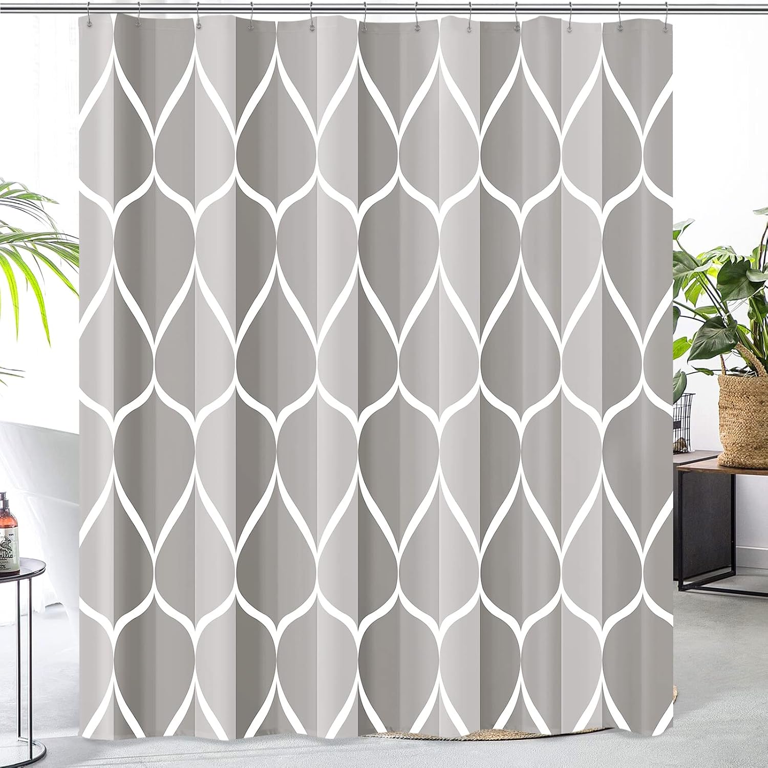 Bathveil Gray Geometric Shower Curtain, Water Repellent, with 12 Hooks, Machine Washable, 72 x 72 in
