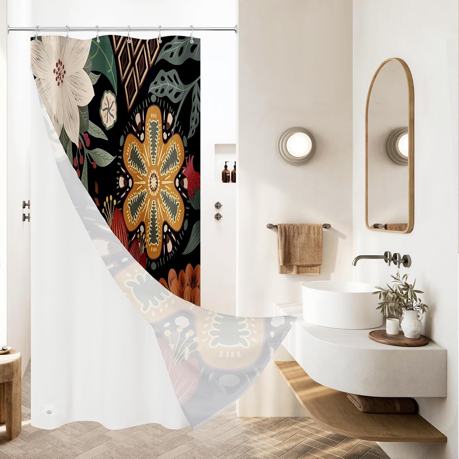 Bathveil Boho Floral Shower Curtain, Colorful Abstract Flower Pattern, 72 x 72 in