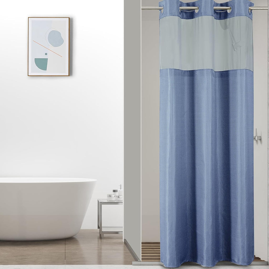 Bathveil No-Hook Shower Curtain Set, Waffle Weave, Mesh Top Window, Waterproof, 72 x 75 in, Sage Green