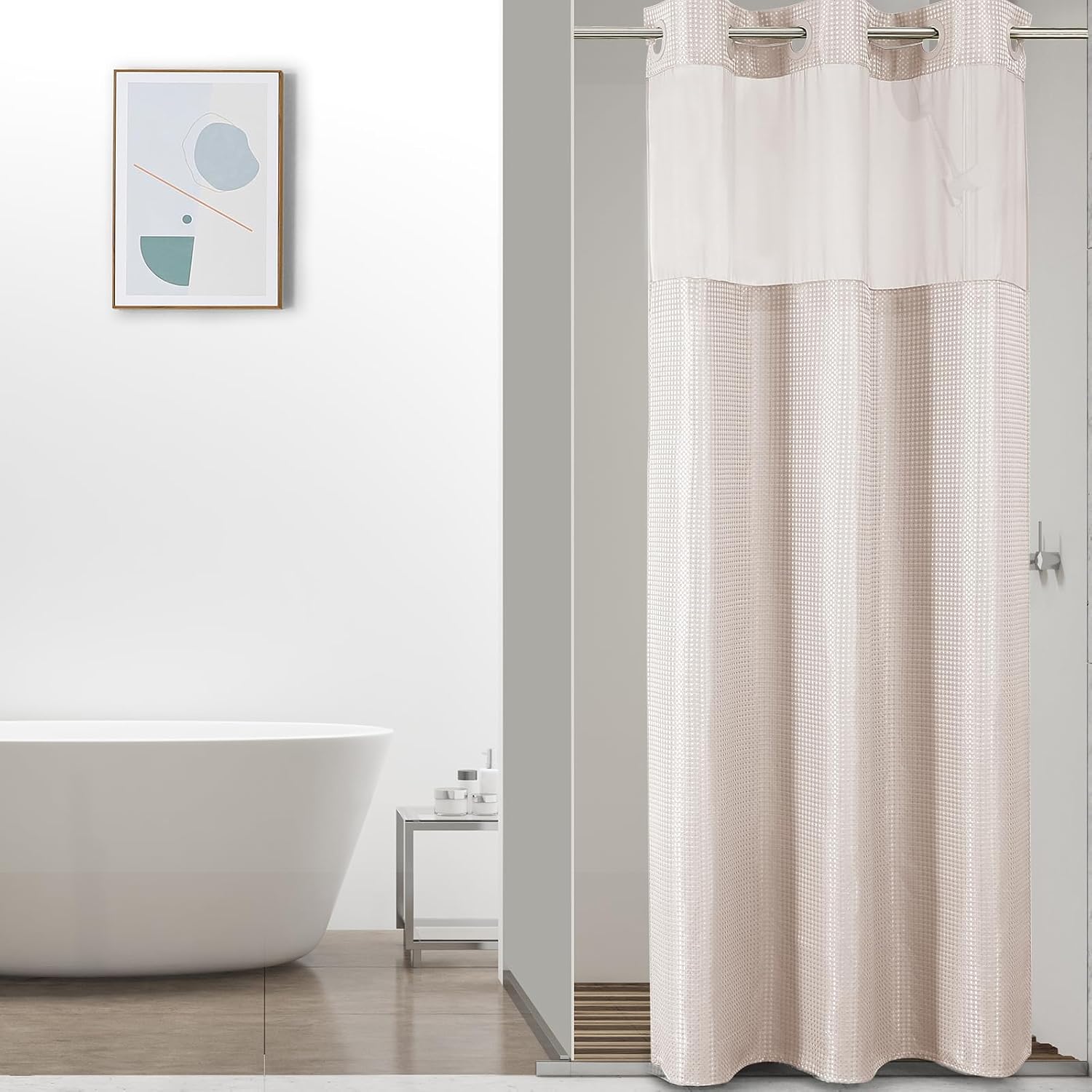 Bathveil No-Hook Shower Curtain Set, Waffle Weave, Mesh Top Window, Waterproof, 72 x 75 in, Sage Green