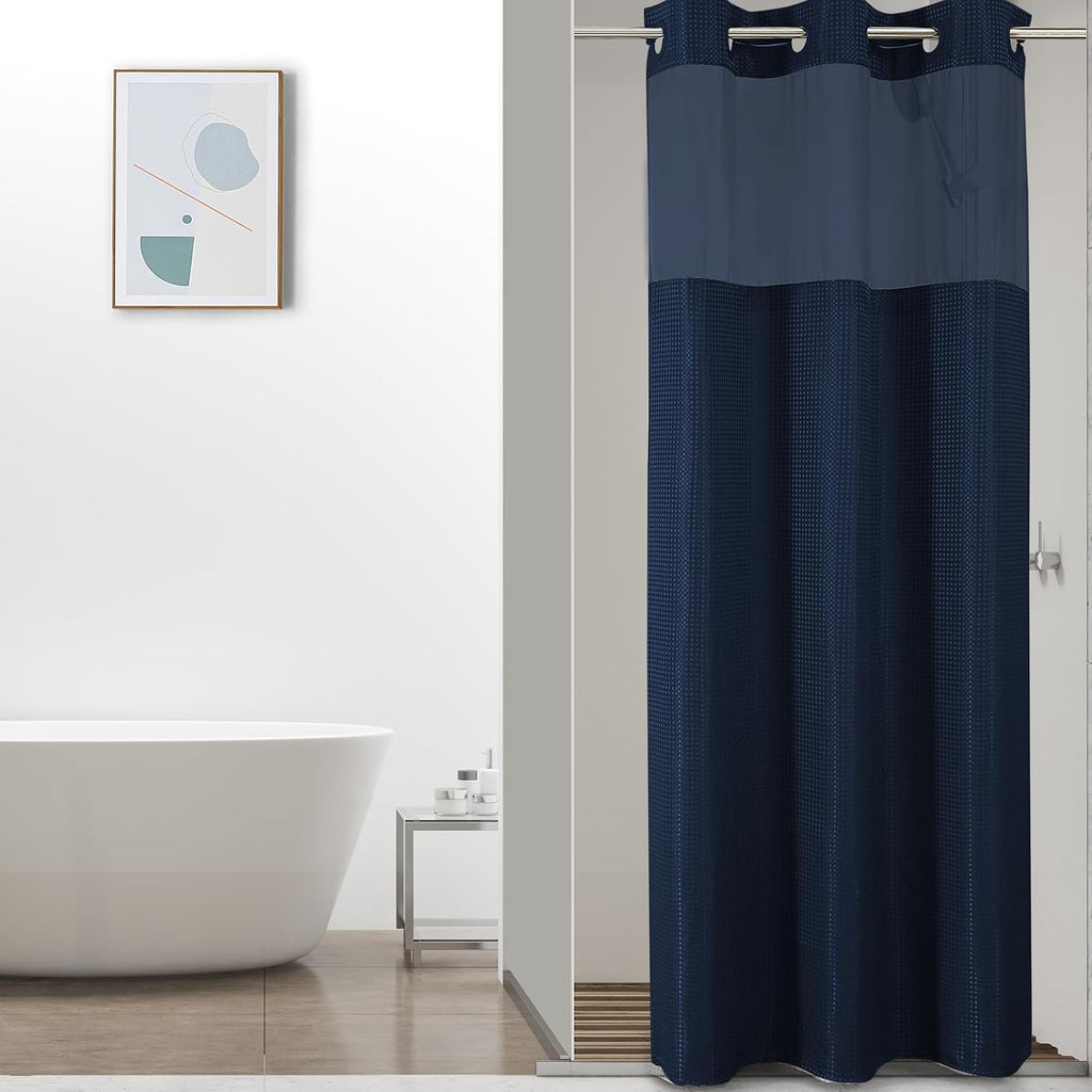 Bathveil No-Hook Shower Curtain Set, Waffle Weave, Mesh Top Window, Waterproof, 72 x 75 in, Sage Green