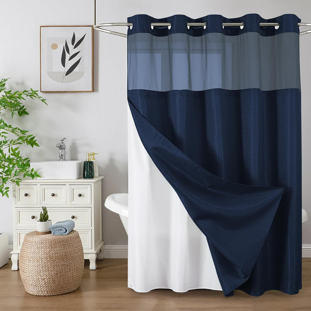 Bathveil No-Hook Shower Curtain Set, Waffle Weave, Mesh Top Window, Waterproof, 72 x 75 in, Sage Green