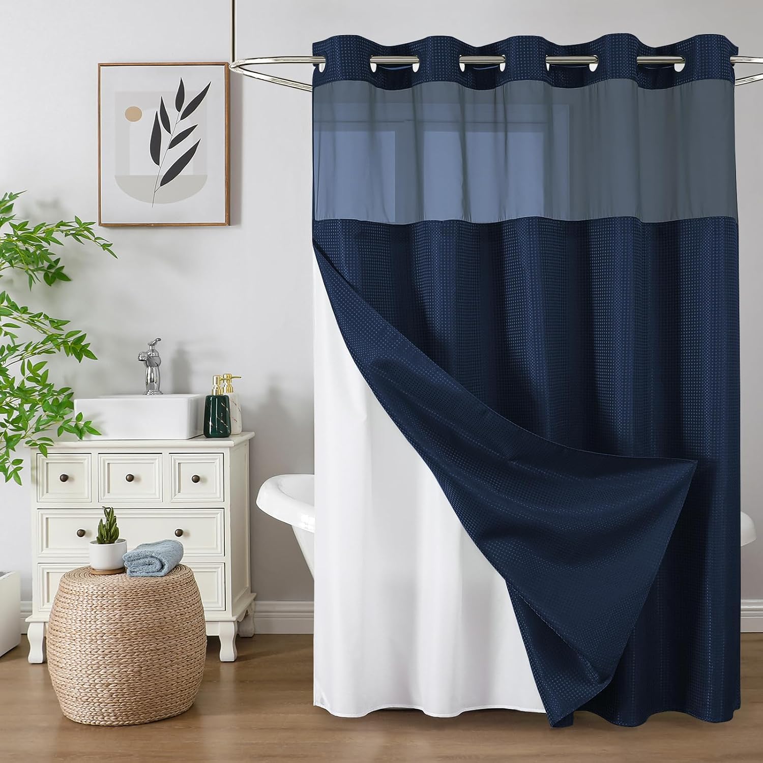 Bathveil No-Hook Shower Curtain Set, Waffle Weave, Mesh Top Window, Waterproof, 72 x 75 in, Sage Green