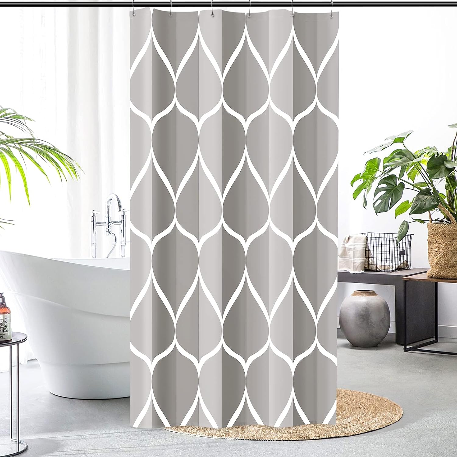Bathveil Gray Geometric Shower Curtain, Water Repellent, with 12 Hooks, Machine Washable, 72 x 72 in