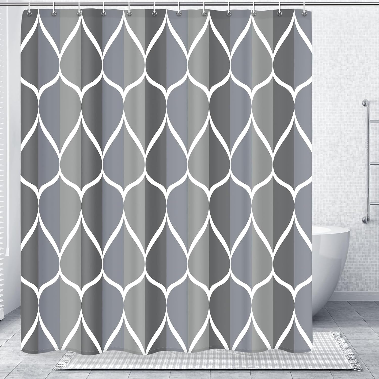 Bathveil Gray Geometric Shower Curtain, Water Repellent, with 12 Hooks, Machine Washable, 72 x 72 in