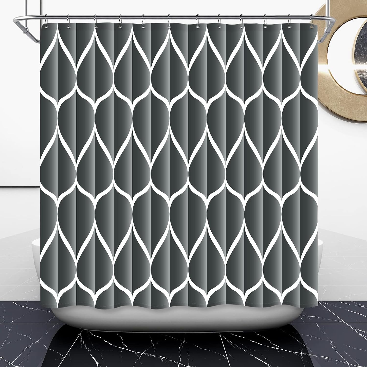 Bathveil Gray Geometric Shower Curtain, Water Repellent, with 12 Hooks, Machine Washable, 72 x 72 in