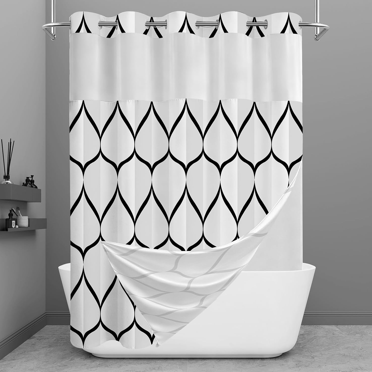 Bathveil Gray Geometric Shower Curtain, Water Repellent, with 12 Hooks, Machine Washable, 72 x 72 in