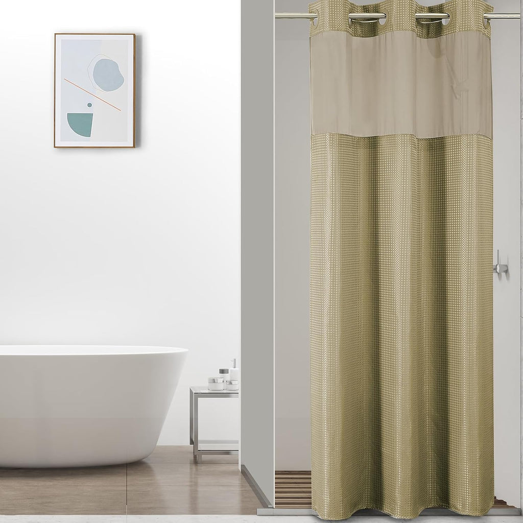 Bathveil No-Hook Shower Curtain Set, Waffle Weave, Mesh Top Window, Waterproof, 72 x 75 in, Sage Green