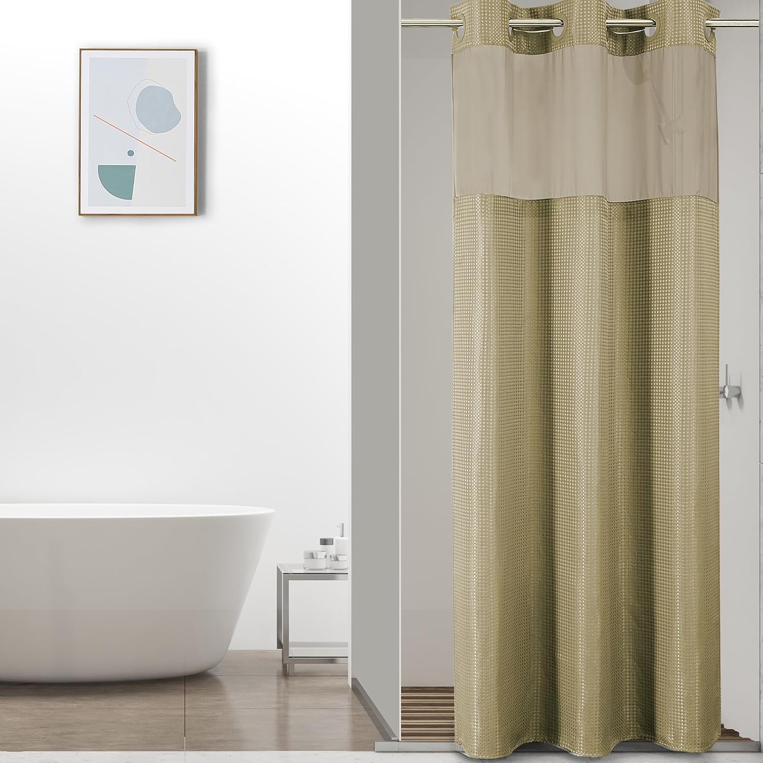 Bathveil No-Hook Shower Curtain Set, Waffle Weave, Mesh Top Window, Waterproof, 72 x 75 in, Sage Green