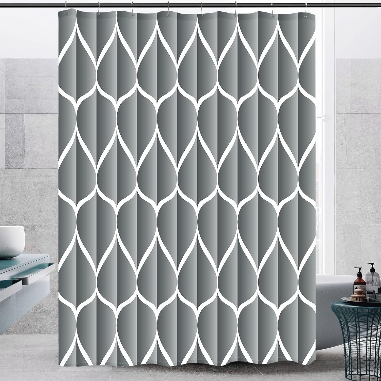 Bathveil Gray Geometric Shower Curtain, Water Repellent, with 12 Hooks, Machine Washable, 72 x 72 in