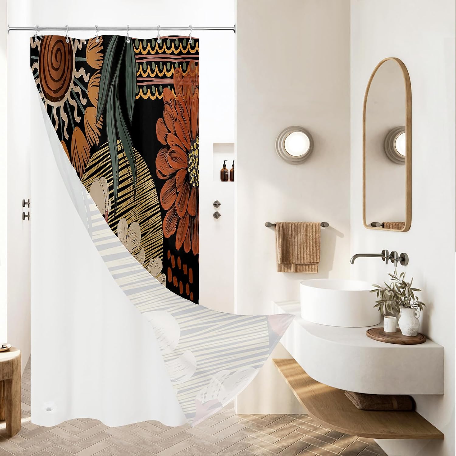 Bathveil Boho Floral Shower Curtain, Colorful Abstract Flower Pattern, 72 x 72 in