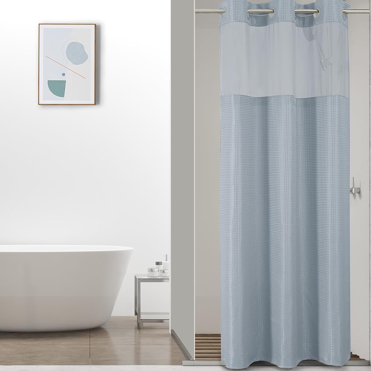 Bathveil No-Hook Shower Curtain Set, Waffle Weave, Mesh Top Window, Waterproof, 72 x 75 in, Sage Green