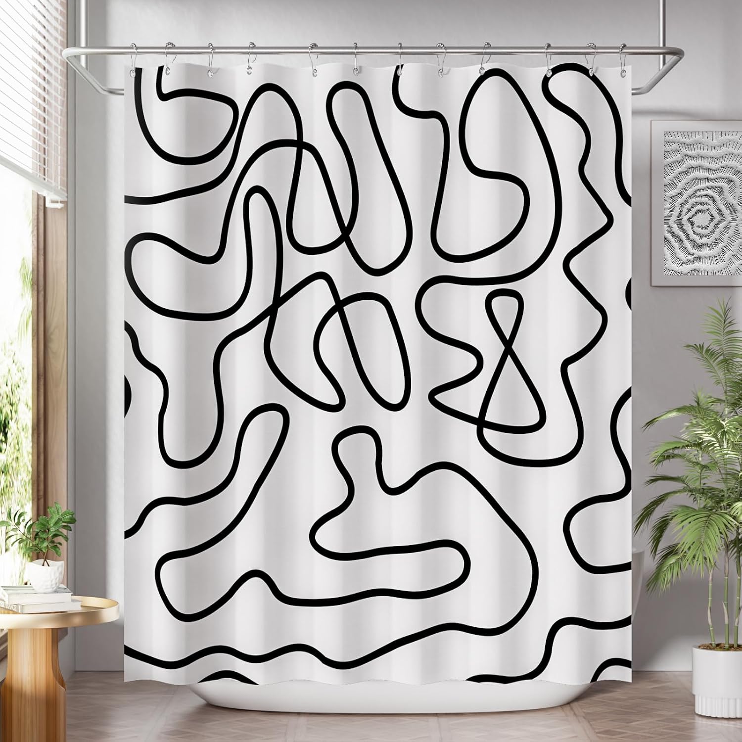 Bathveil Black and White Striped Shower Curtain, Farmhouse Style Fabric, Machine Washable, with 12 Hooks, 72 x 72 in