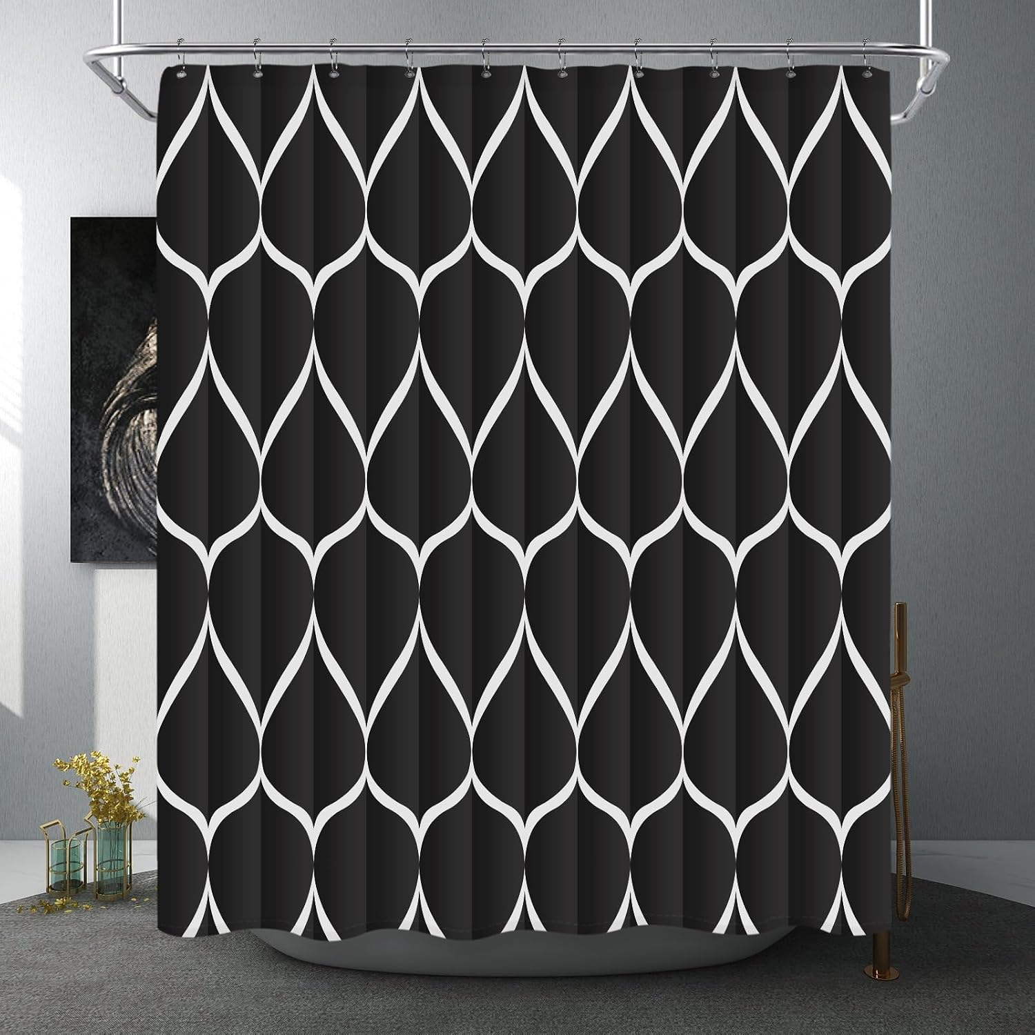 Bathveil Gray Geometric Shower Curtain, Water Repellent, with 12 Hooks, Machine Washable, 72 x 72 in
