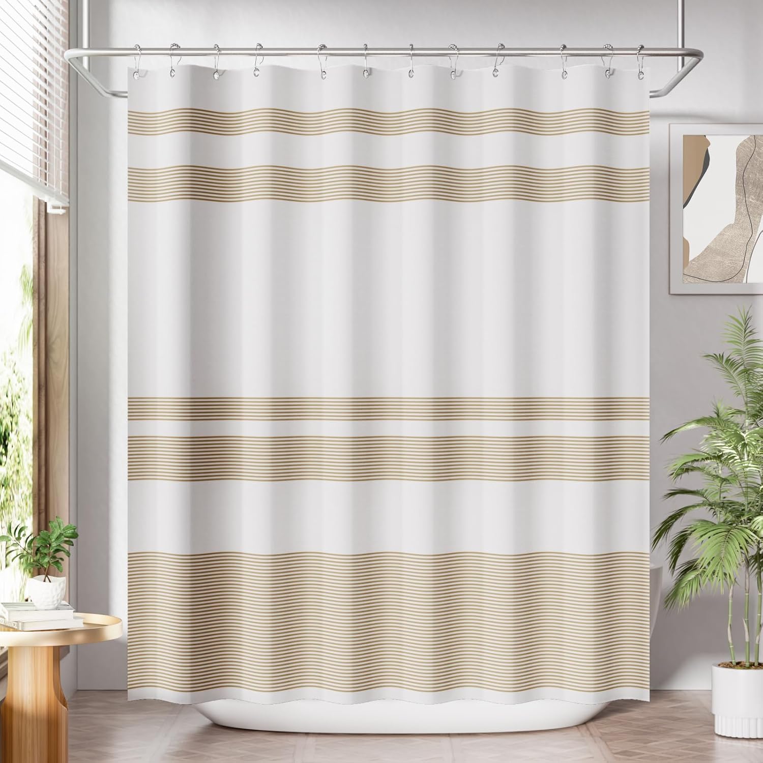 Bathveil Black and White Striped Shower Curtain, Farmhouse Style Fabric, Machine Washable, with 12 Hooks, 72 x 72 in