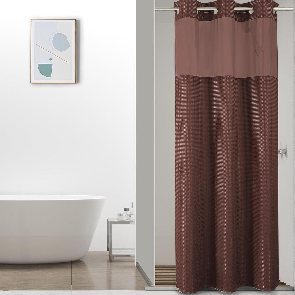 Bathveil No-Hook Shower Curtain Set, Waffle Weave, Mesh Top Window, Waterproof, 72 x 75 in, Sage Green