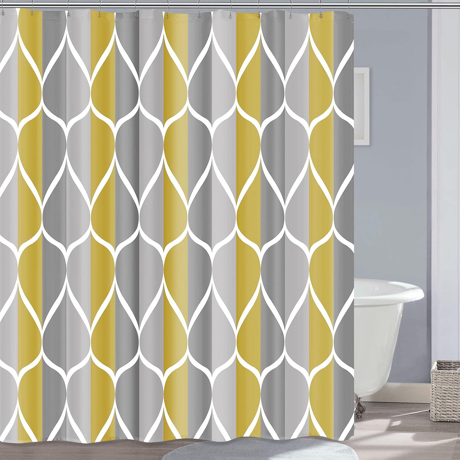Bathveil Gray Geometric Shower Curtain, Water Repellent, with 12 Hooks, Machine Washable, 72 x 72 in