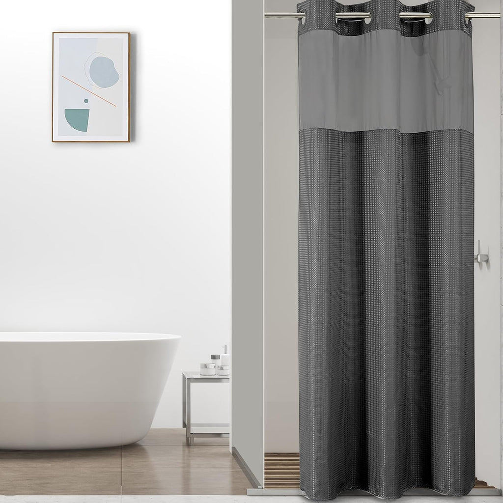 Bathveil No-Hook Shower Curtain Set, Waffle Weave, Mesh Top Window, Waterproof, 72 x 75 in, Sage Green