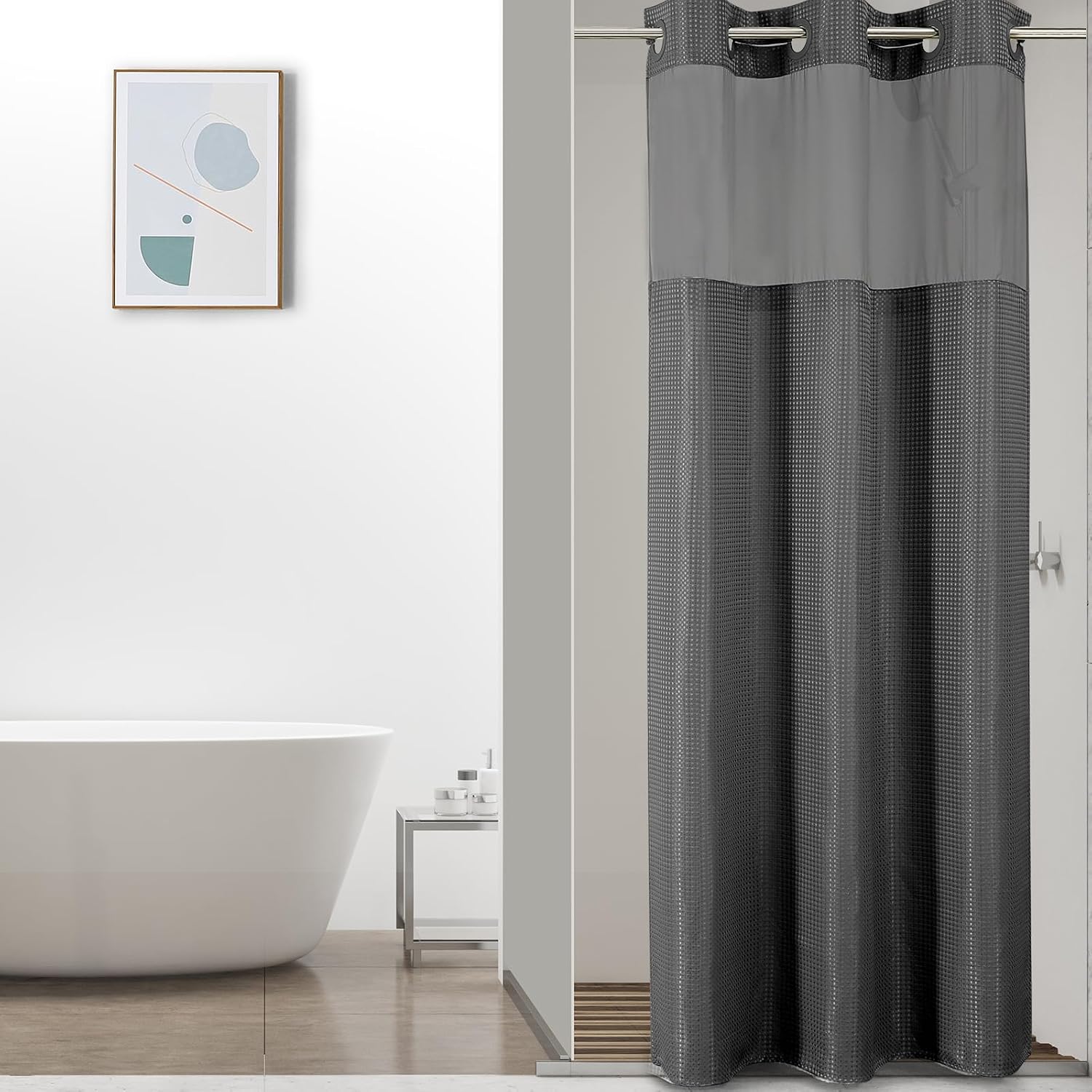 Bathveil No-Hook Shower Curtain Set, Waffle Weave, Mesh Top Window, Waterproof, 72 x 75 in, Sage Green