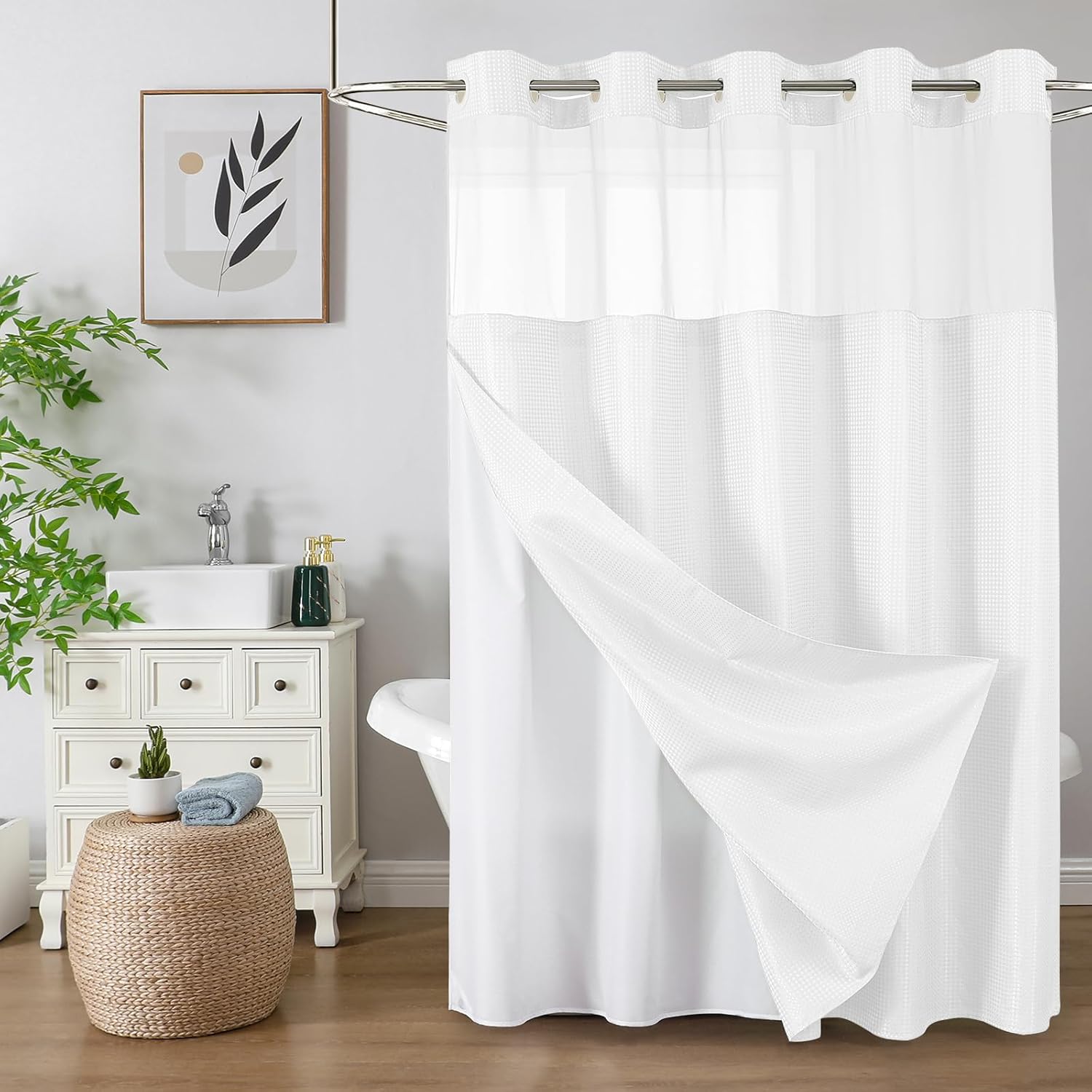 Bathveil No-Hook Shower Curtain Set, Waffle Weave, Mesh Top Window, Waterproof, 72 x 75 in, Sage Green