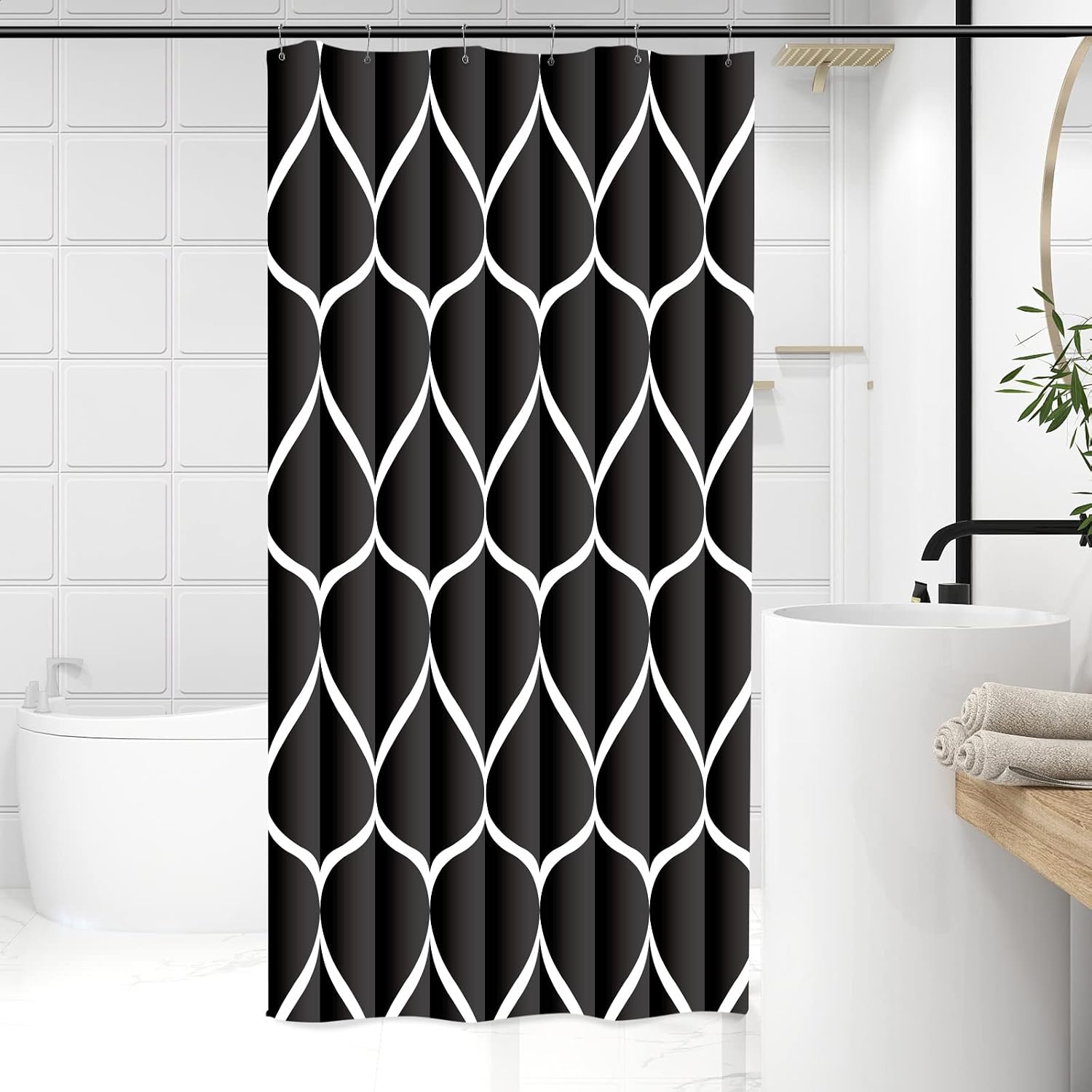 Bathveil Gray Geometric Shower Curtain, Water Repellent, with 12 Hooks, Machine Washable, 72 x 72 in