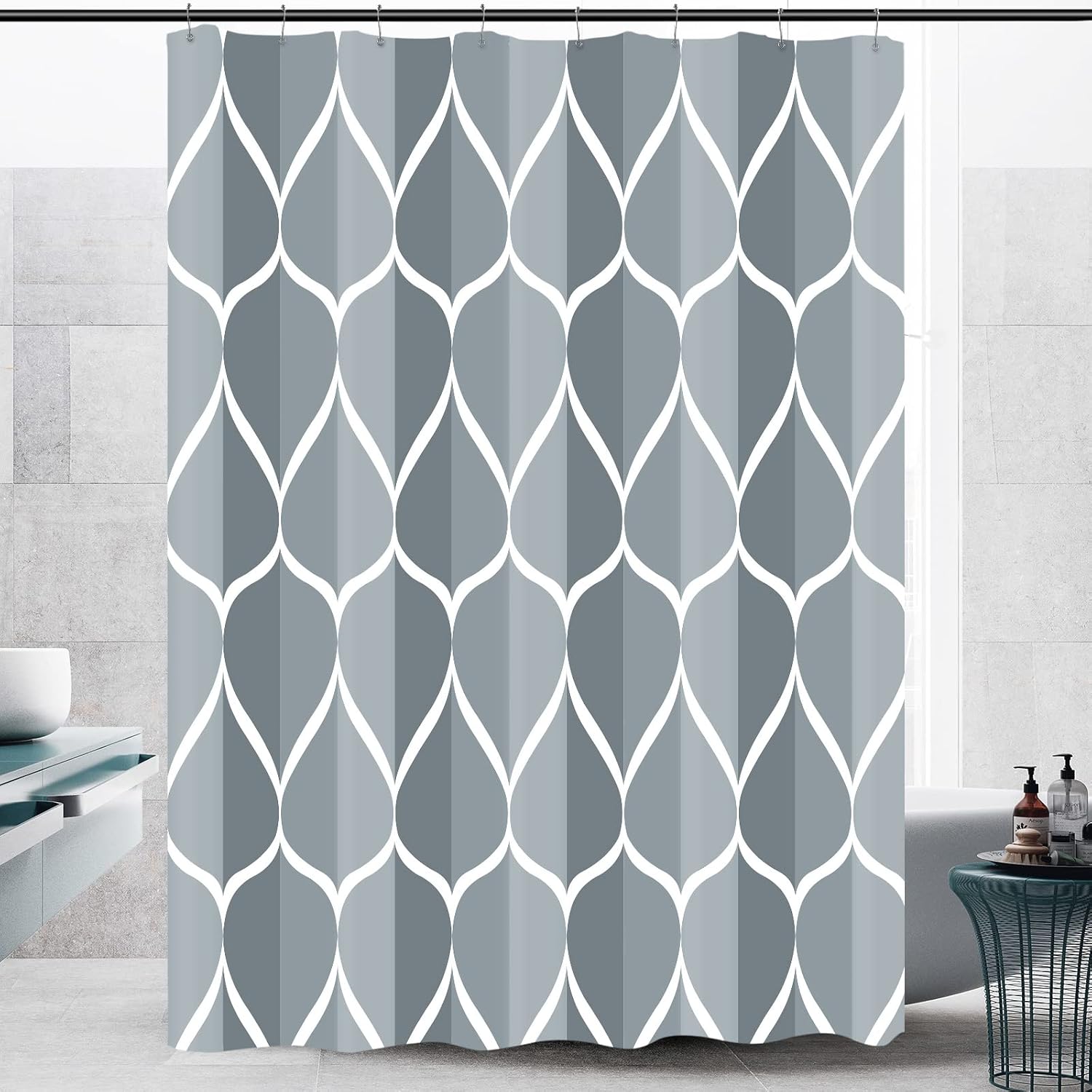 Bathveil Gray Geometric Shower Curtain, Water Repellent, with 12 Hooks, Machine Washable, 72 x 72 in