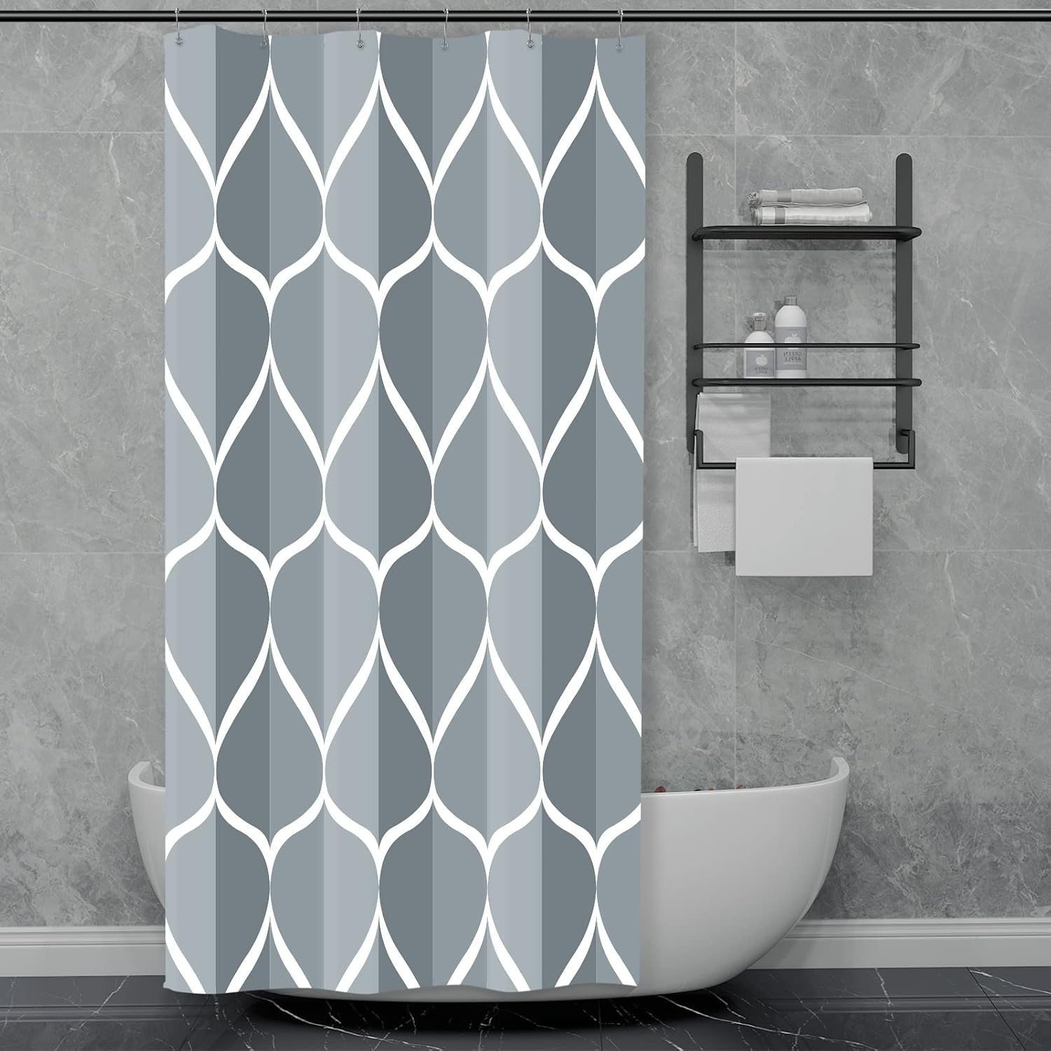 Bathveil Gray Geometric Shower Curtain, Water Repellent, with 12 Hooks, Machine Washable, 72 x 72 in
