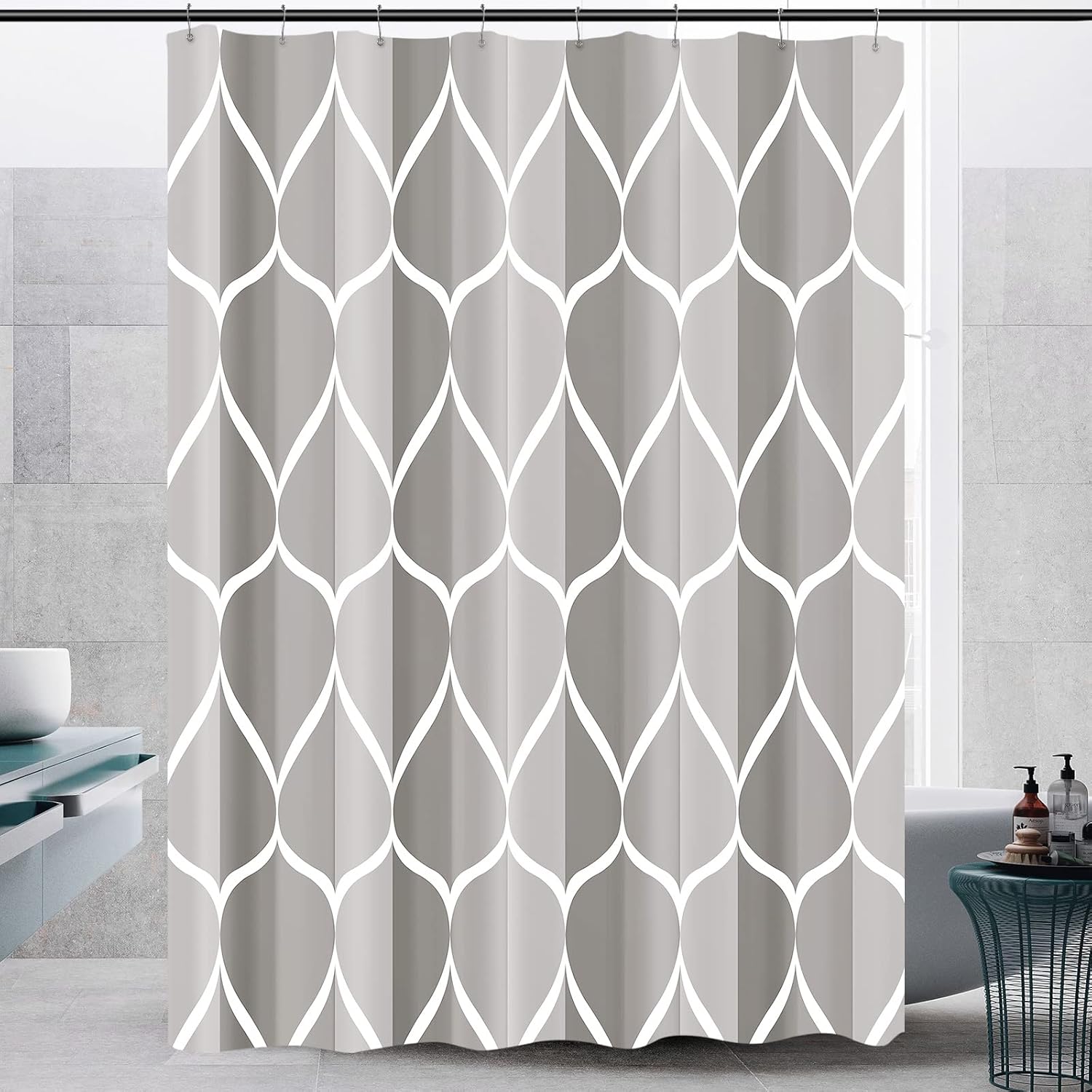 Bathveil Gray Geometric Shower Curtain, Water Repellent, with 12 Hooks, Machine Washable, 72 x 72 in