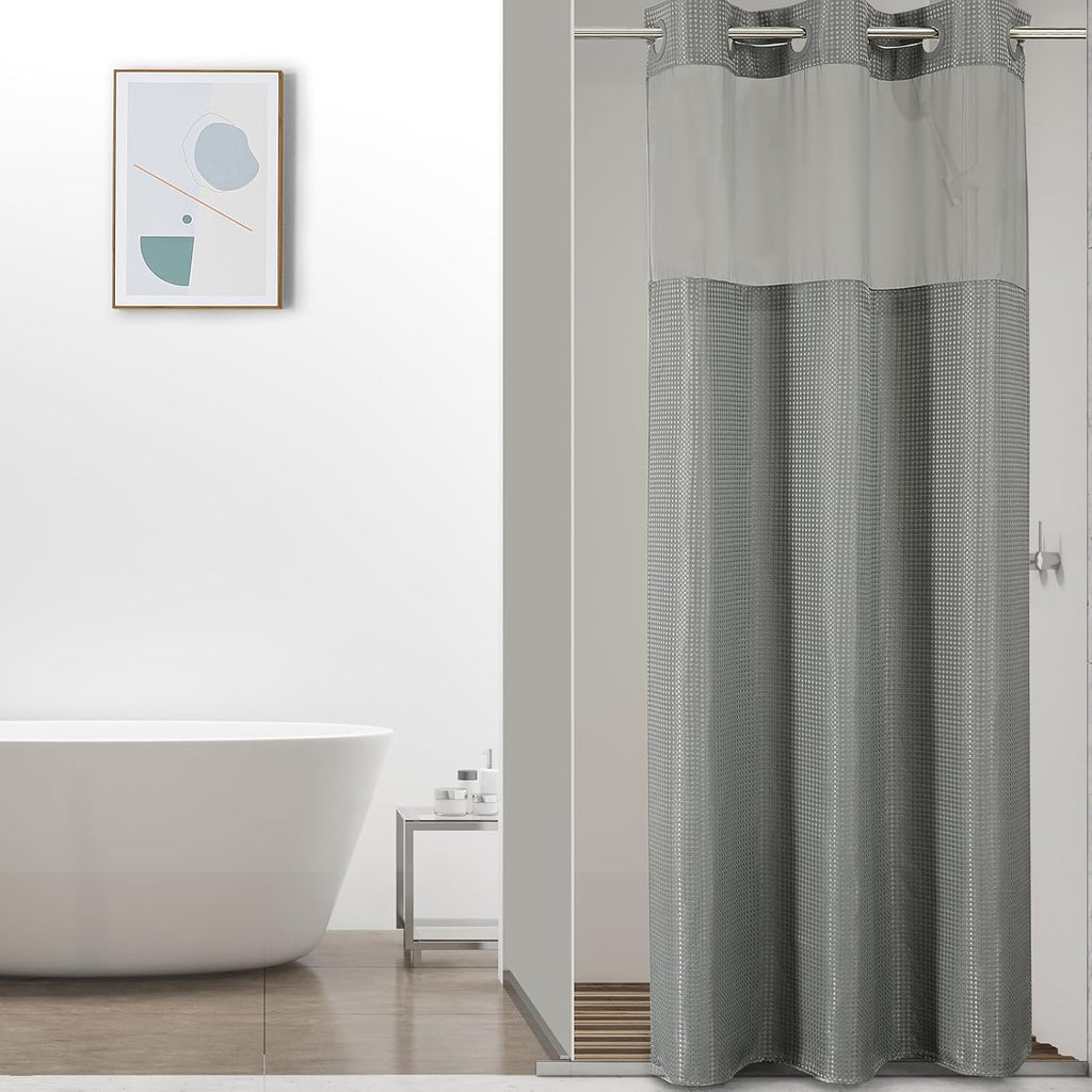 Bathveil No-Hook Shower Curtain Set, Waffle Weave, Mesh Top Window, Waterproof, 72 x 75 in, Sage Green
