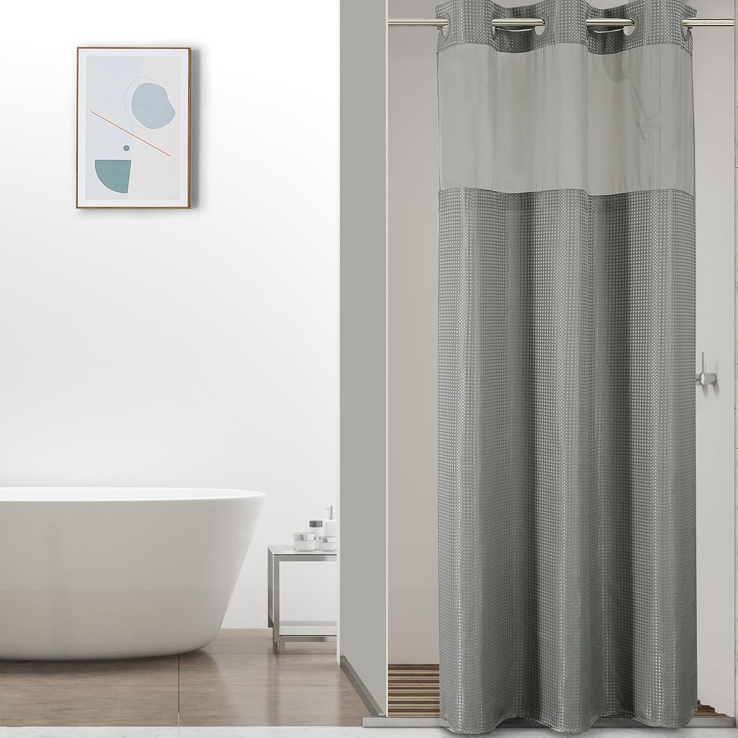 Bathveil No-Hook Shower Curtain Set, Waffle Weave, Mesh Top Window, Waterproof, 72 x 75 in, Sage Green