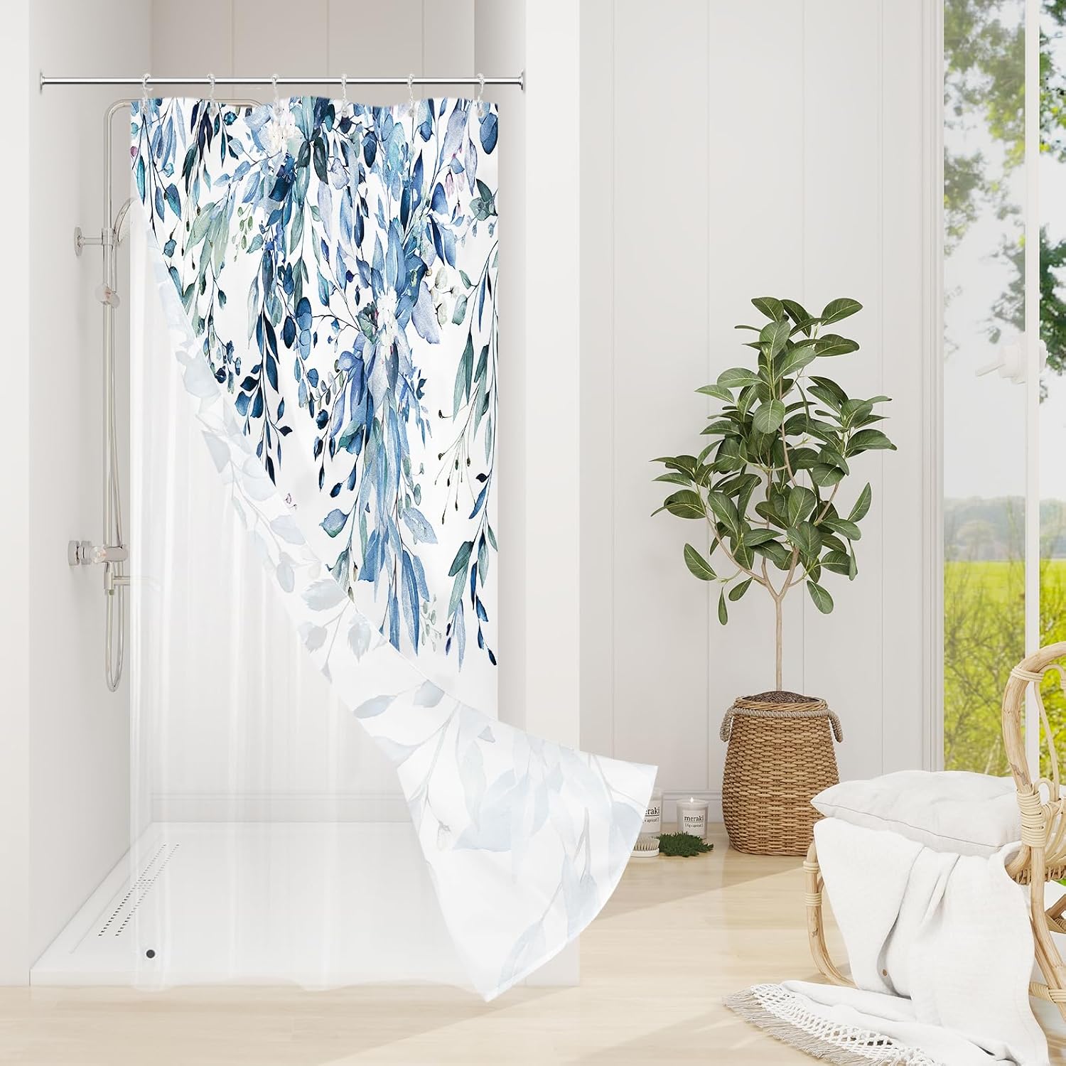 Bathveil Gray Eucalyptus Shower Curtain, Watercolor Plant Floral Design, Gray White, 72 x 72 in