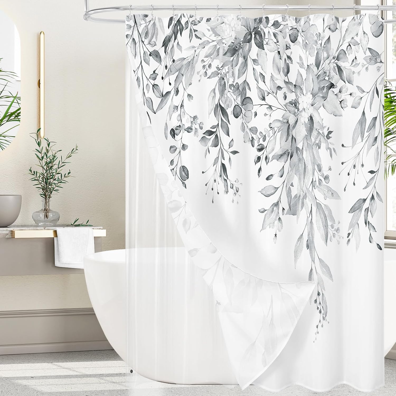 Bathveil Gray Eucalyptus Shower Curtain, Watercolor Plant Floral Design, Gray White, 72 x 72 in
